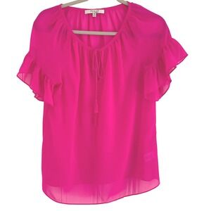 MILLY for design nation womens blouse sheer hot pink Bright ruffle XS maximalist